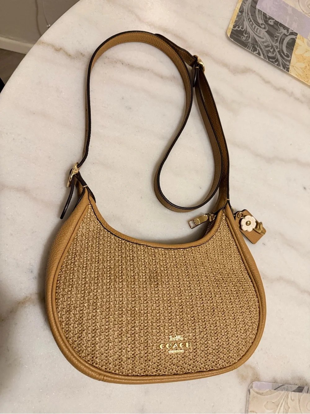 Coach Woven Crescent Hobo in Tan and Cream